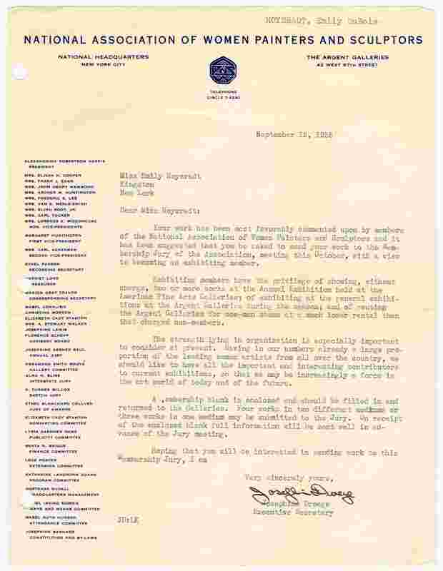 From HHHC: Membership request letter from National Association of Women Painters and Sculptors, September 15, 1935.